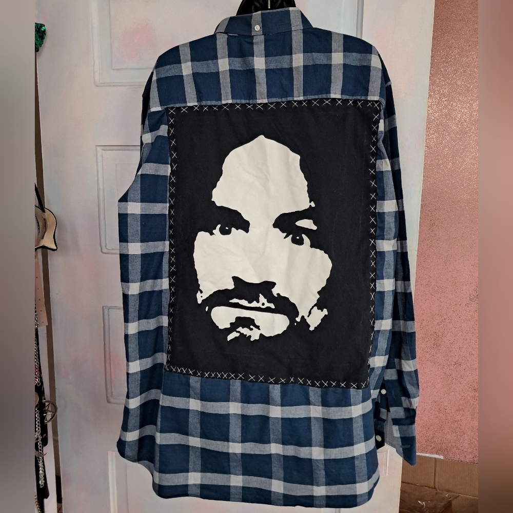 Custom Charles Manson RAGE Shirt w/ OOAK Triple Secured Patch & Pocket Patch
